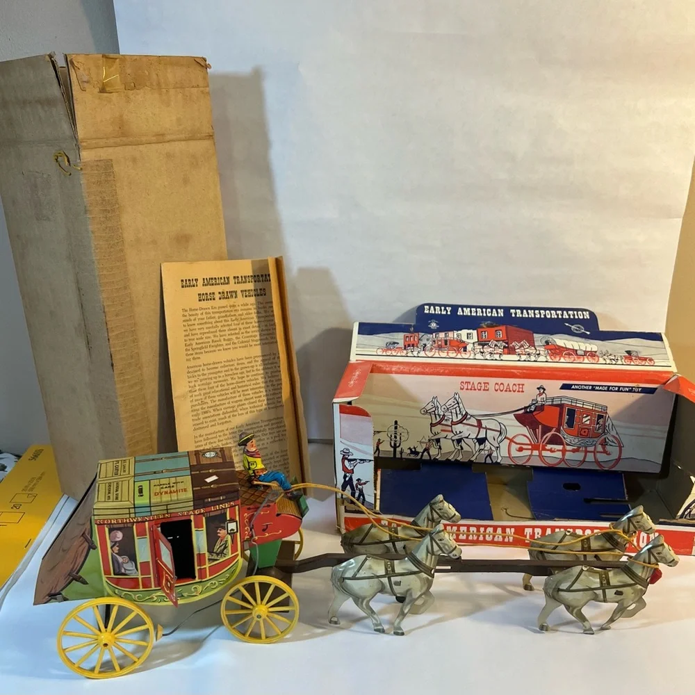 Vintage tin toy Northwestern Stage coach with horses , box and brochure. - Picture 2 of 14